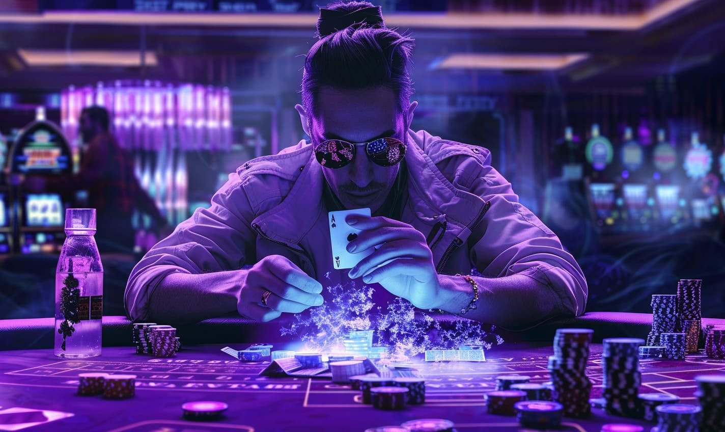 Live dealer casino table on slots meter with cards and chips